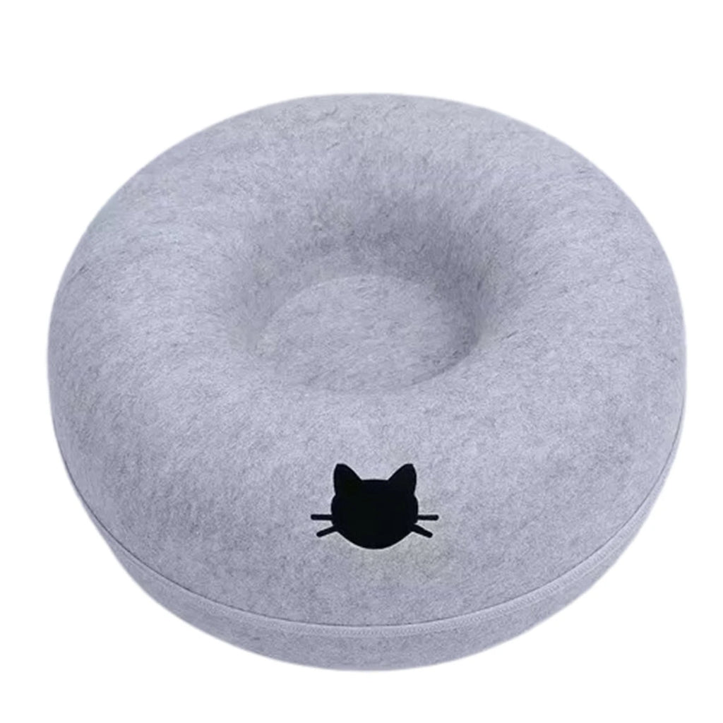 Light grey felt donut tunnel cat bed with cat-face peek hole